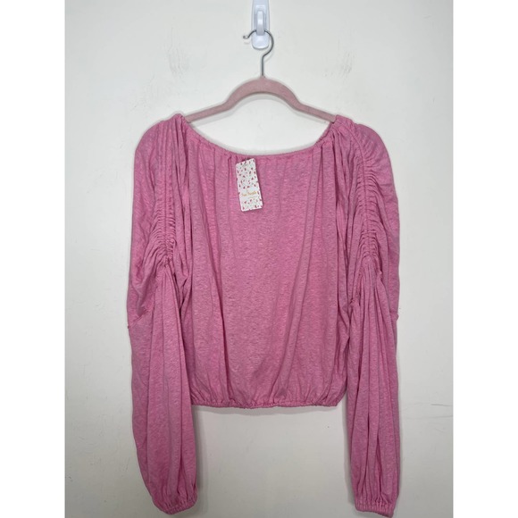 Free People In A Dream Ruched Linen Blend Crop Top in Pink Blouse Long Sleeve - Picture 3 of 7
